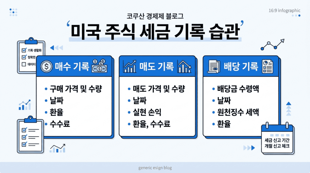 미국 주식 세금 관리를 위한 매수 매도 배당 기록 습관을 정리한 실천 가이드 인포그래픽