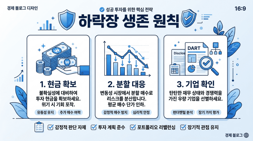 하락장에서 현금 비중으로 추가 매수 여력 심리 안정 생활비 보호를 확보하는 방법을 정리한 인포그래픽