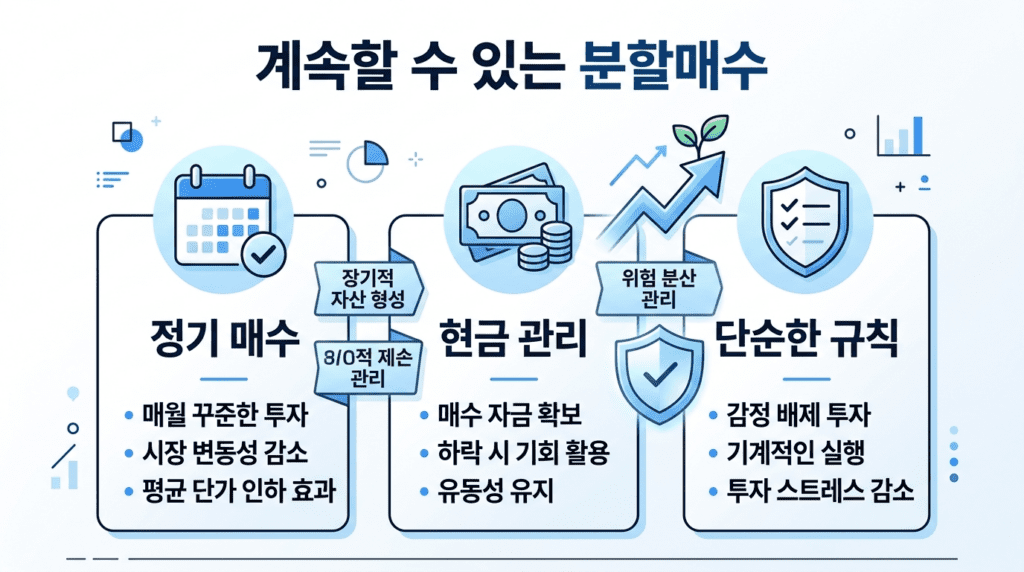 분할매수와 물타기의 차이를 계획된 매수와 감정적 추가매수로 비교한 인포그래픽