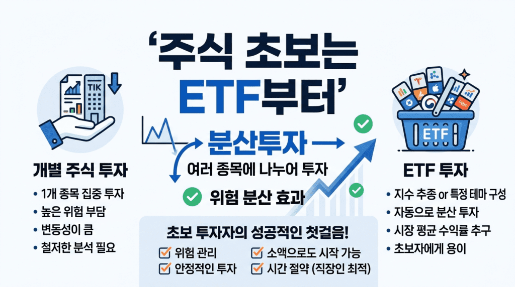 주식 초보가 개별주보다 ETF를 먼저 투자해야 하는 분산투자 원리를 설명하는 인포그래픽