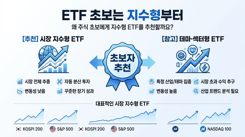 ETF 초보가 지수형 ETF를 먼저 투자해야 하는 이유와 코스피200 S&P500 나스닥100 추천을 설명하는 인포그래픽
