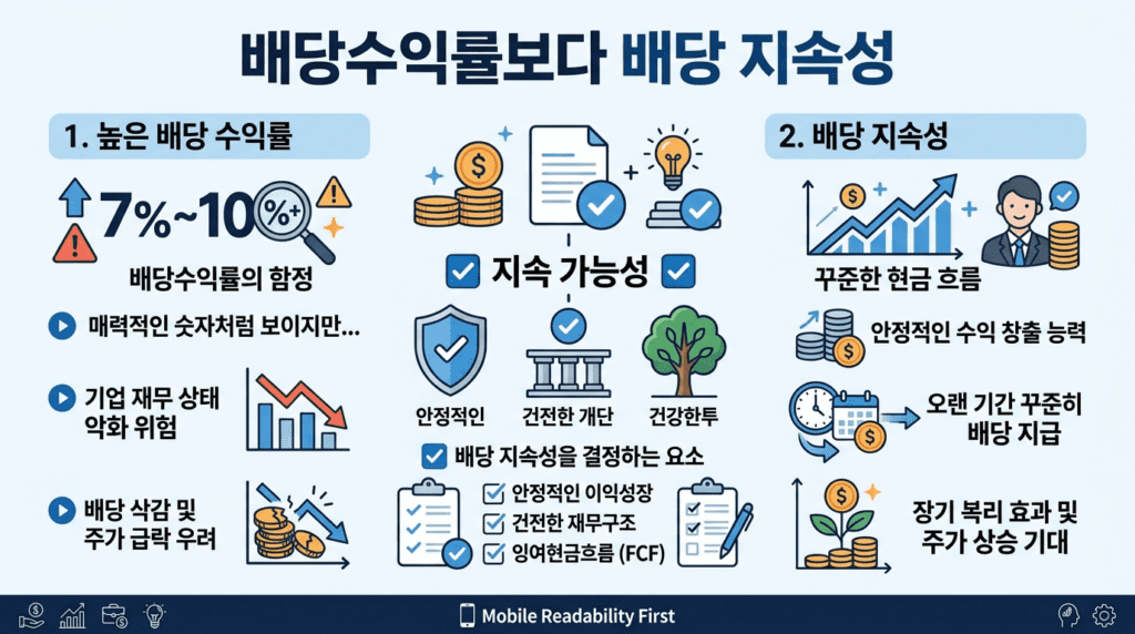 배당주 투자에서 배당수익률보다 배당 지속성과 지속 가능성이 중요한 이유를 설명하는 인포그래픽