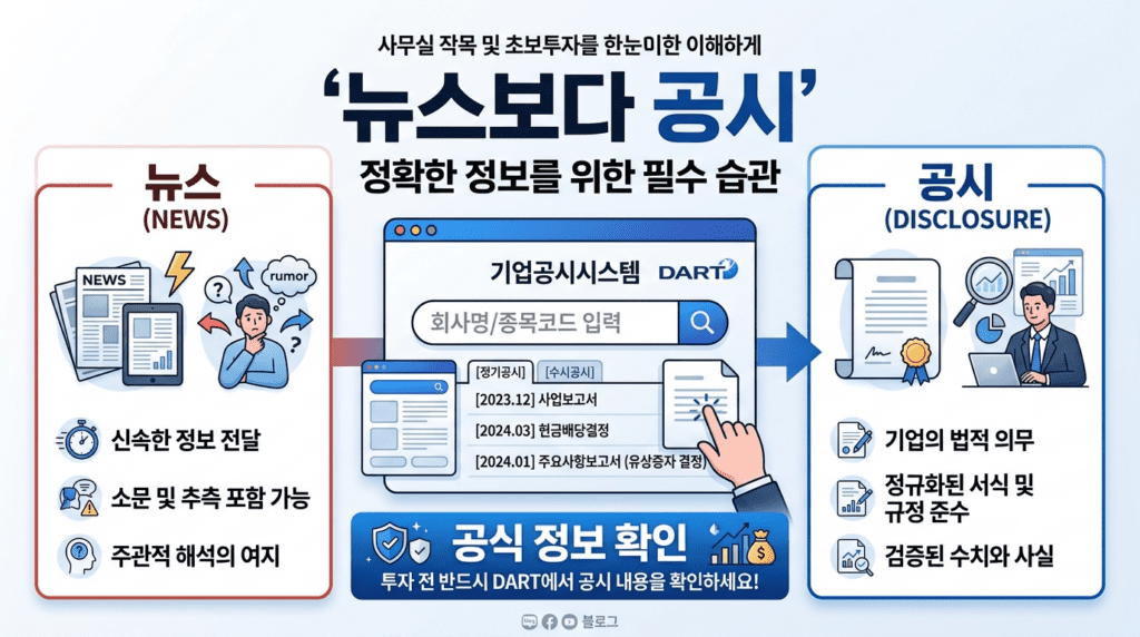 주식 투자 시 뉴스보다 공시를 먼저 확인하여 공식 정보를 체크하는 습관의 중요성을 설명하는 인포그래픽