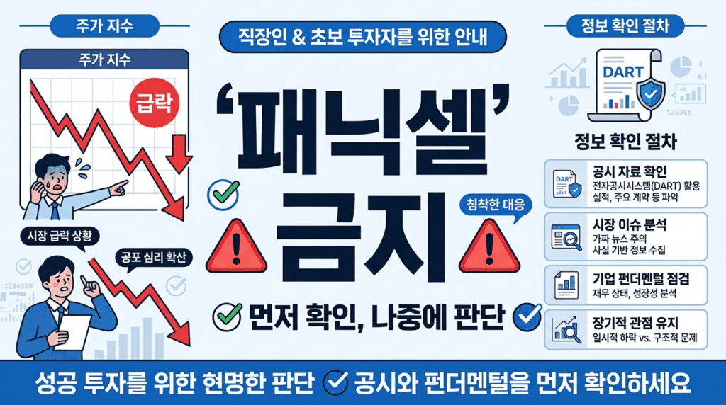 주가 폭락 시 패닉셀을 멈추고 먼저 확인하고 나중에 판단하는 원칙을 설명하는 인포그래픽