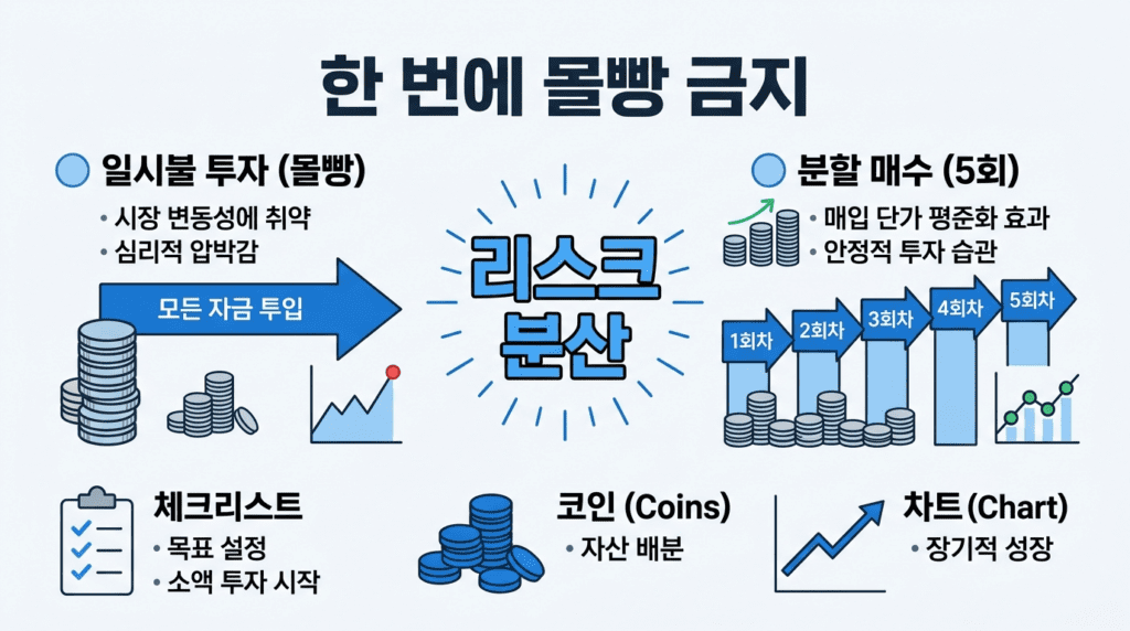 한 번에 몰빵하지 않고 분할매수로 리스크를 분산하는 방법을 설명하는 인포그래픽