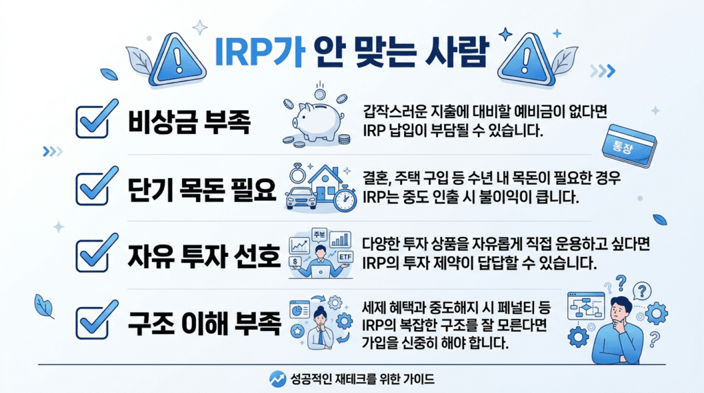 IRP 가입이 적합하지 않은 사람의 특징을 정리한 체크리스트 인포그래픽