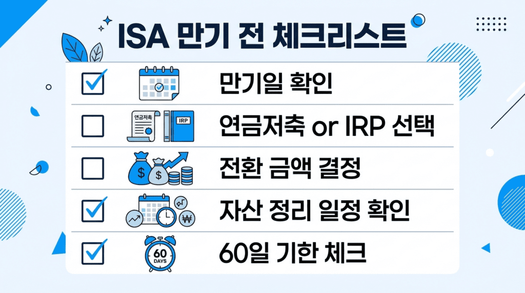 ISA 만기 전 준비해야 할 사항을 정리한 체크리스트 인포그래픽