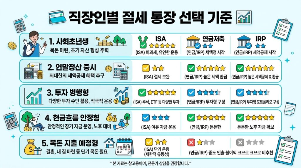 직장인 유형별 ISA 연금저축 IRP 선택 기준을 정리한 체크리스트 인포그래픽
