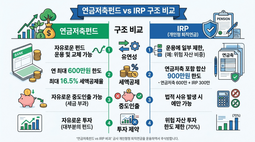 연금저축펀드와 IRP의 유연성 세액공제 중도인출 투자 제약을 비교한 구조 인포그래픽