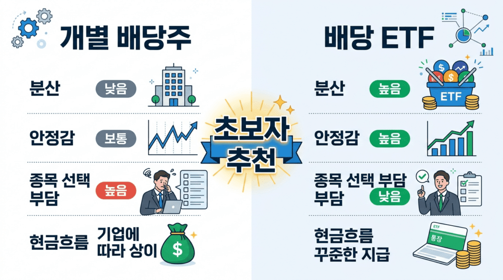 개별 배당주와 배당 ETF를 분산 안정감 종목 선택 부담 현금흐름 측면에서 비교한 초보자 추천 인포그래픽