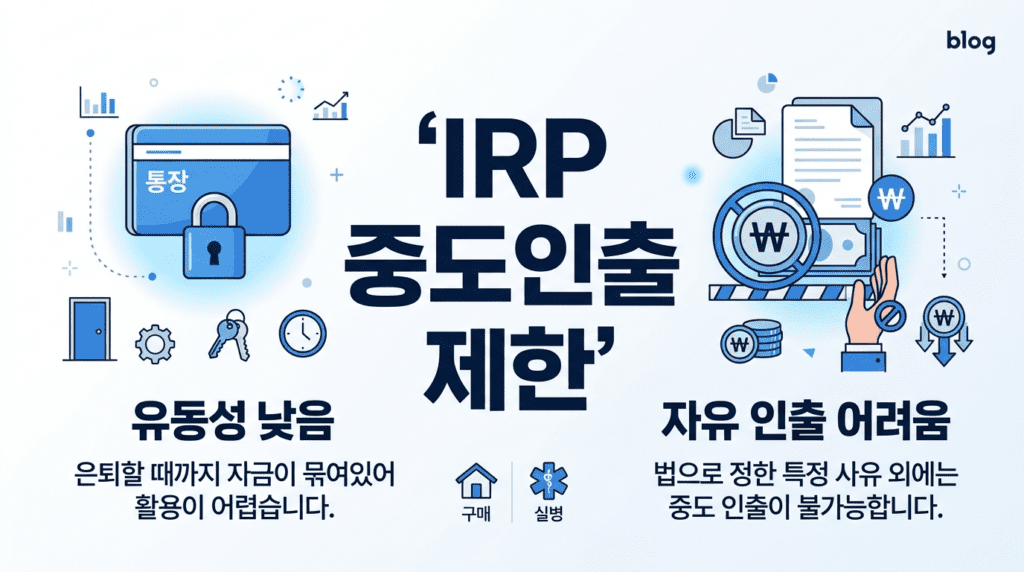 IRP 중도인출 제한과 낮은 유동성을 설명하는 인포그래픽