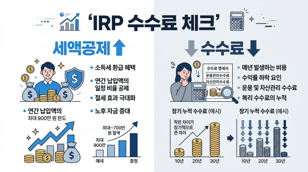 IRP 세액공제와 수수료를 비교한 장기 비용 분석 인포그래픽