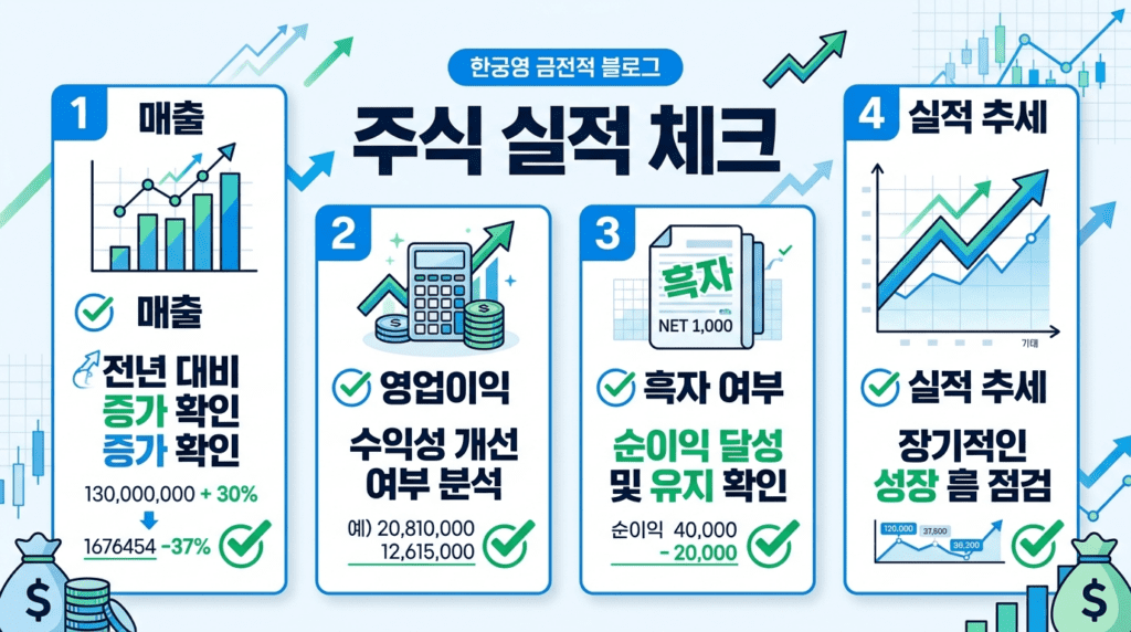 주식 실적 체크 시 확인해야 할 매출 영업이익 흑자 여부 실적 추세를 정리한 체크리스트 인포그래픽