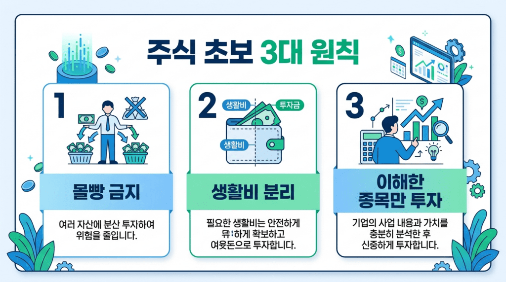 주식 초보가 지켜야 할 3대 투자 원칙 몰빵 금지 생활비 분리 이해한 종목만 투자를 정리한 인포그래픽