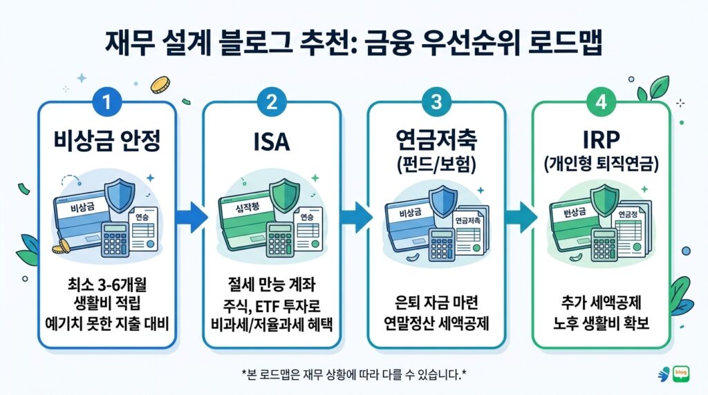 직장인 절세 통장 가입 우선순위를 비상금 안정부터 IRP까지 단계별로 보여주는 흐름도 인포그래픽