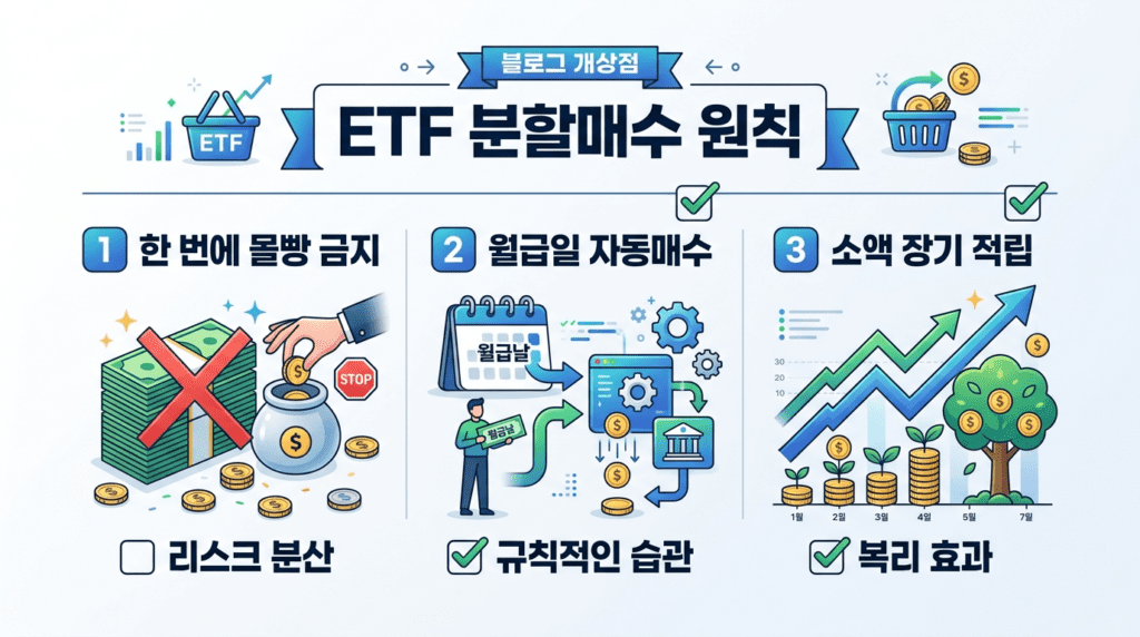 ETF 분할매수 원칙 한 번에 몰빵 금지 월급일 자동매수 소액 장기 적립을 정리한 인포그래픽