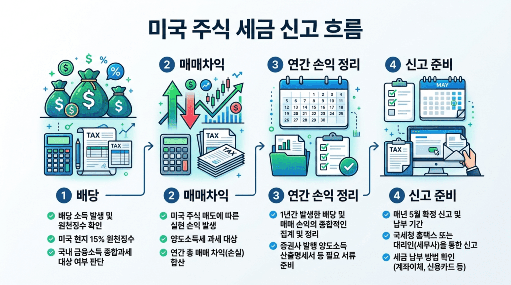 미국 주식 세금 신고 흐름을 배당 매매차익 손익정리 신고준비 순서로 설명하는 단계별 인포그래픽